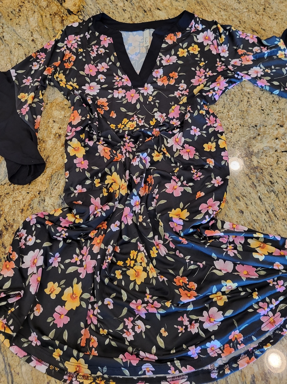 Celeste Black Floral Long-Sleeve V-Neck Dress with Pink & Yellow Blooms